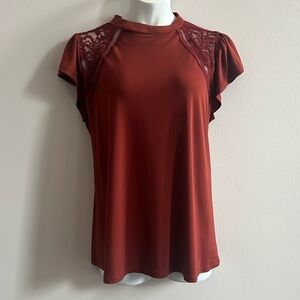 Torrid Studio crepe mock neck lace inset shirt sleeve top rust brown